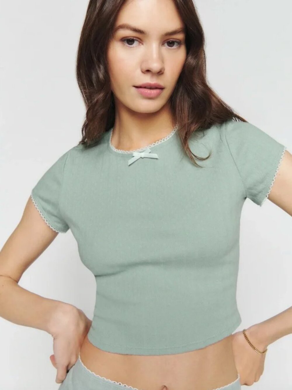 Reformation Goldie Knit Crop Baby Tee Light Green Sz. M
